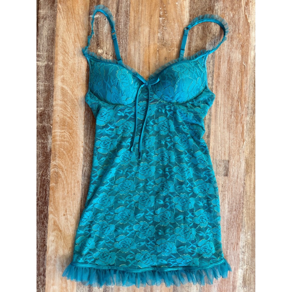 Fredericks of Hollywood Teal Floral Lace Metallic Babydoll Chemise 44100 Small